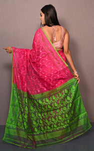 Traditional Cotton Muslin Soft Jamdani Saree in Hot Pink and Green