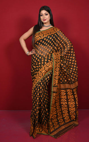 Traditional Cotton Muslin Soft Jamdani Saree in Black, Ochre Yellow, Dark Green and Gold