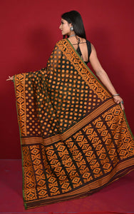 Traditional Cotton Muslin Soft Jamdani Saree in Black, Ochre Yellow, Dark Green and Gold