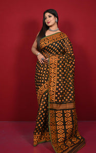 Traditional Cotton Muslin Soft Jamdani Saree in Black, Ochre Yellow, Dark Green and Gold