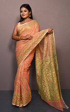 Traditional Soft Jamdani Saree in Peach, Bright Green and Muted Golden