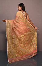 Traditional Soft Jamdani Saree in Peach, Bright Green and Muted Golden