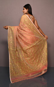 Traditional Soft Jamdani Saree in Peach, Bright Green and Muted Golden