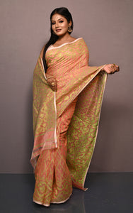 Traditional Soft Jamdani Saree in Peach, Bright Green and Muted Golden