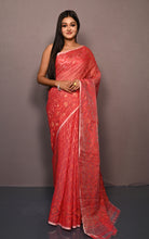 Traditional Soft Jamdani Saree in Pastel Red and Muted Golden