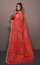 Traditional Soft Jamdani Saree in Pastel Red and Muted Golden