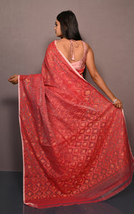 Traditional Soft Jamdani Saree in Pastel Red and Muted Golden