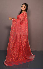 Traditional Soft Jamdani Saree in Pastel Red and Muted Golden