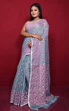 Traditional Soft Jamdani Saree in Sky Blue, Pink and Muted Golden