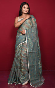 Traditional Soft Jamdani Saree in Dark Brown, Teal and Gold