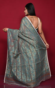 Traditional Soft Jamdani Saree in Dark Brown, Teal and Gold