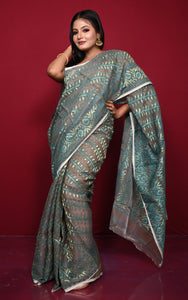 Traditional Soft Jamdani Saree in Dark Brown, Teal and Gold