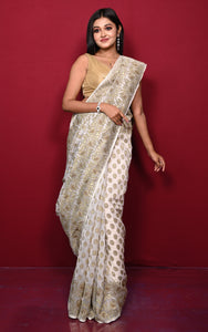 Traditional Soft Jamdani Saree in Off White, Chocolate Brown and Gold