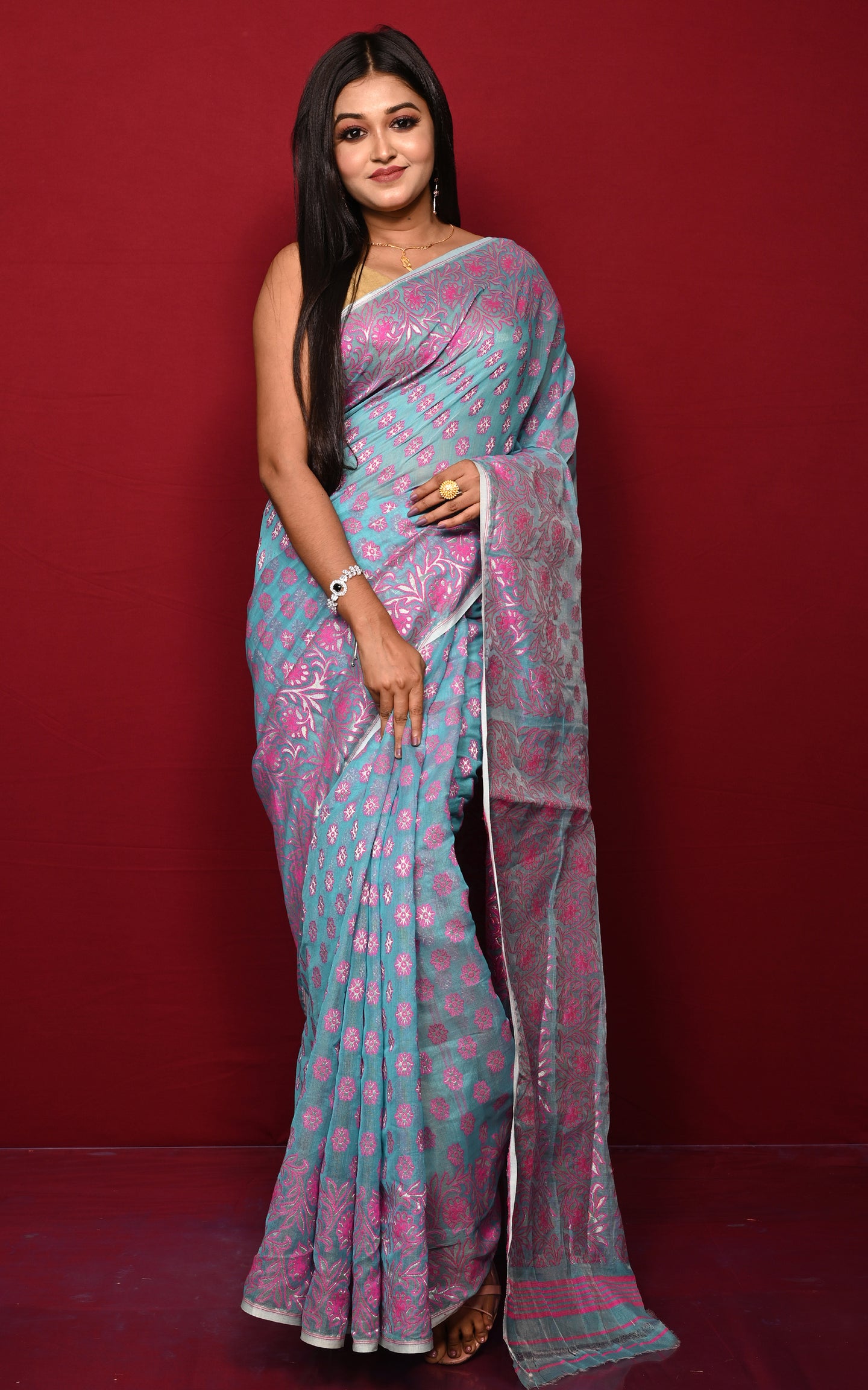 Traditional Soft Jamdani Saree in Powder Bue, Hot Pink and Gold