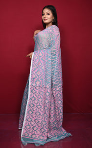 Traditional Soft Jamdani Saree in Sky Blue, Pink and Muted Golden