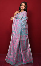 Traditional Soft Jamdani Saree in Powder Bue, Hot Pink and Gold