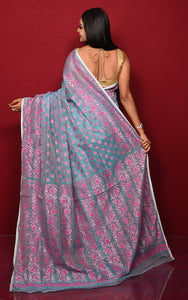 Traditional Soft Jamdani Saree in Powder Bue, Hot Pink and Gold