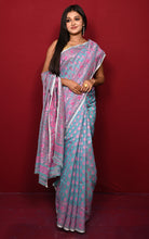 Traditional Soft Jamdani Saree in Powder Bue, Hot Pink and Gold