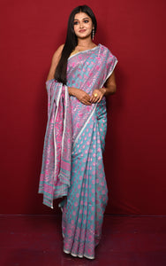 Traditional Soft Jamdani Saree in Powder Bue, Hot Pink and Gold