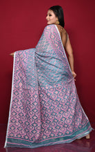 Traditional Soft Jamdani Saree in Sky Blue, Pink and Muted Golden