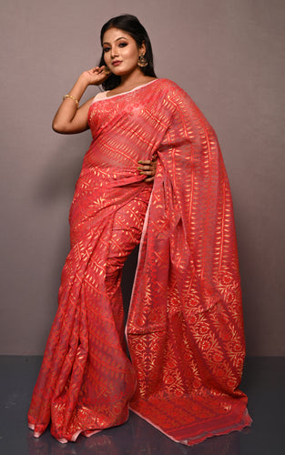 Traditional Soft Jamdani Saree in Pastel Red, Red and Gold