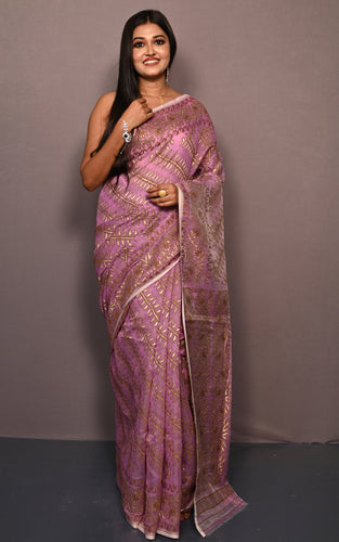 Traditional Soft Jamdani Saree in Purple, Dark Brown and Gold