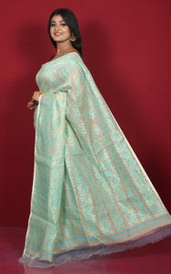 Traditional Soft Jamdani Saree in Linen White, Sea Green and Gold