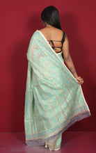 Traditional Soft Jamdani Saree in Linen White, Sea Green and Gold