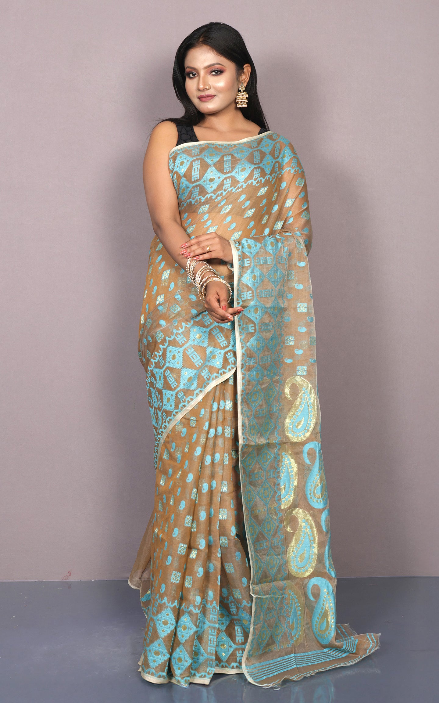 Traditional Soft Jamdani Saree in Light Brown, Sky Blue and Gold