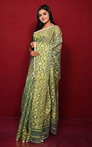 Traditional Soft Jamdani Saree in Sage Green, Pastel Yellow and Muted Golden