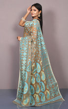 Traditional Soft Jamdani Saree in Light Brown, Sky Blue and Gold