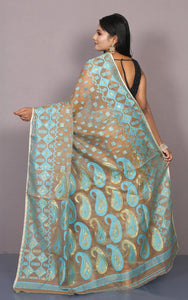 Traditional Soft Jamdani Saree in Light Brown, Sky Blue and Gold