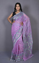 Traditional Soft Jamdani Saree in Pastel Violet, Turquoise and Gold