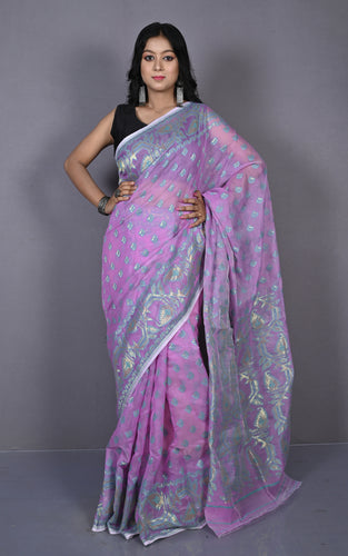 Traditional Soft Jamdani Saree in Pastel Violet, Turquoise and Gold