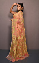 Traditional Soft Jamdani Saree in Peach, Bright Green and Muted Golden