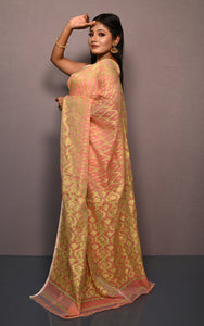 Traditional Soft Jamdani Saree in Peach, Bright Green and Muted Golden