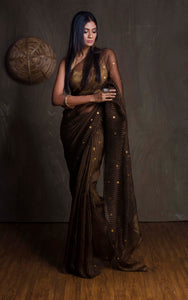Designer Woven Antique Ginni Work Skirt Border Muslin Matka Silk Saree in Snuff Brown and Antique Gold