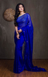 Designer Woven Antique Ginni Work Skirt Border Muslin Matka Silk Saree in Indigo Blue and Antique Gold