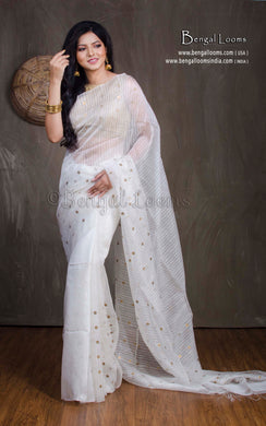 Designer Woven Antique Ginni Work Skirt Border Muslin Matka Silk Saree in Off White and Antique Gold