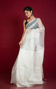 Sequin Inlaid Muslin Silk Saree with Raw Silk Pallu in White and Silver