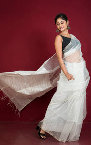 Sequin Inlaid Muslin Silk Saree with Raw Silk Pallu in White and Silver