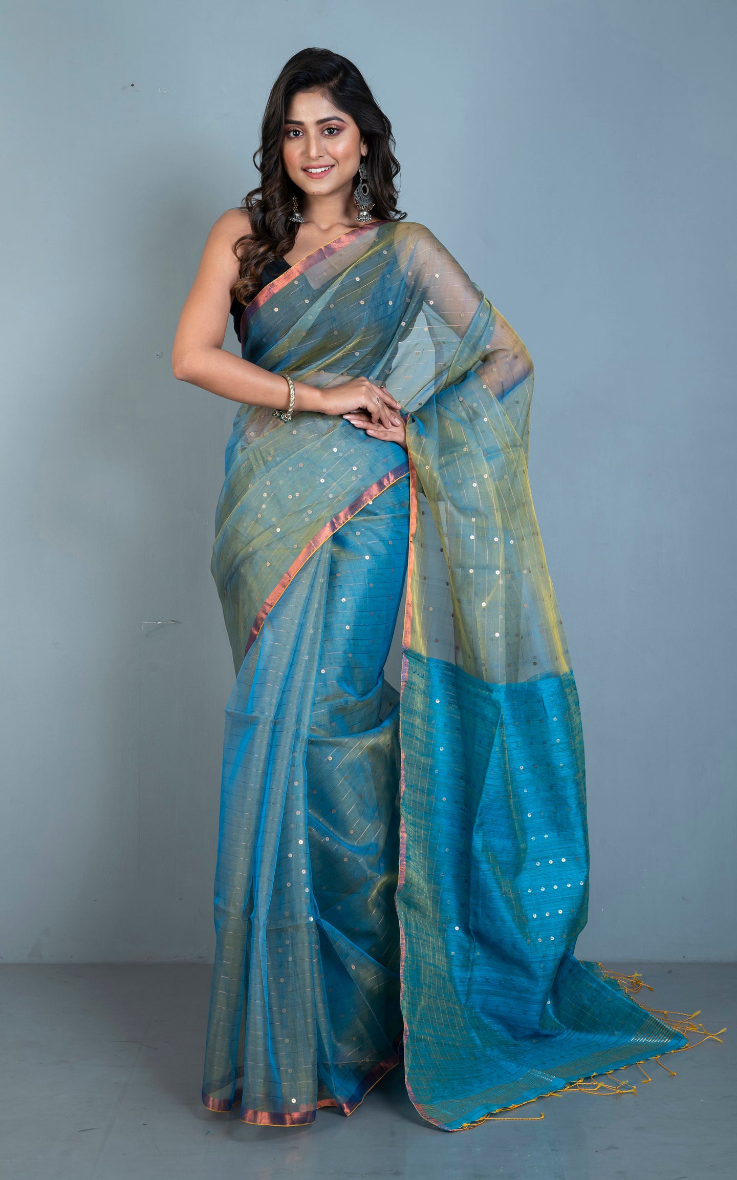 Sequin Inlaid Muslin Silk Saree with Raw Silk Pallu in Dirty Gold, Turquoise and Copper