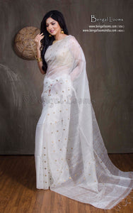 Designer Woven Antique Ginni Work Skirt Border Muslin Matka Silk Saree in Off White and Antique Gold