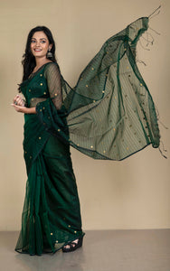 Designer Woven Antique Ginni Work Skirt Border Muslin Matka Silk Saree in Dark Green and Antique Gold
