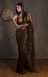 Designer Woven Antique Ginni Work Skirt Border Muslin Matka Silk Saree in Snuff Brown and Antique Gold