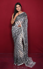 Soft Muslin Silk Jamdani Saree in Off White and Black with Golden and Silver Zari Nakshi Work