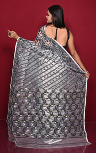 Soft Muslin Silk Jamdani Saree in Off White and Black with Golden and Silver Zari Nakshi Work