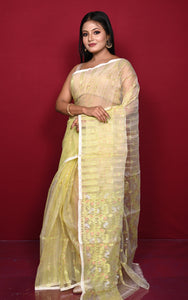 Soft Muslin Silk Jamdani Saree in Lemon Yellow and Off White with Golden and Copper Zari Nakshi Work