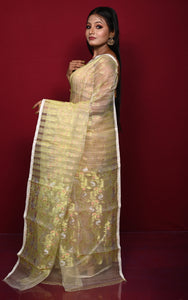 Soft Muslin Silk Jamdani Saree in Lemon Yellow and Off White with Golden and Copper Zari Nakshi Work