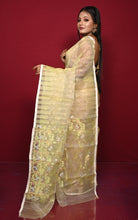 Soft Muslin Silk Jamdani Saree in Lemon Yellow and Off White with Golden and Copper Zari Nakshi Work